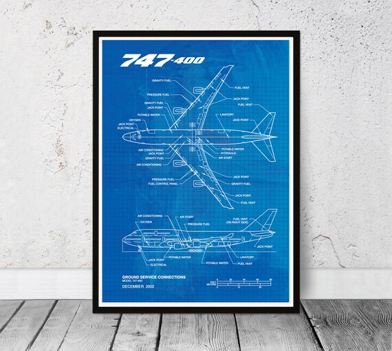 Blueprint Boeing 747-400, Year 2002, Aviation Blueprint Poster