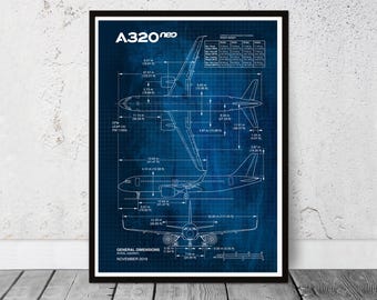 May include: A blueprint style illustration of an Airbus A320neo airplane with detailed dimensions in feet and meters. The illustration is on a blue background with a grid pattern. The text "A320neo" is at the top of the illustration.
