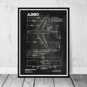 Blueprint Airbus A380 commercial airplane. Dad&#39;s birthday gift. Aviation, airplane, aircraft. Retirement gift. Office wall art.