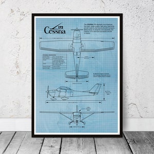 Blueprint Cessna 172 poster, Aviation gift. Birthday gift. USA single-engine, civil passenger aircraft poster print, private pilot airplane.