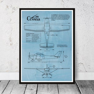 Blueprint Cessna 172 poster, Aviation gift. Birthday gift. United States single-engine, civil passenger aircraft.