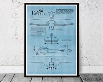 Blueprint Cessna 172 poster, Aviation gift. Birthday gift. United States single-engine, civil passenger aircraft.