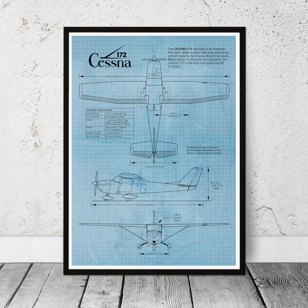 Blueprint Cessna 172 poster, Aviation gift. Birthday gift. United States single-engine, civil passenger aircraft.