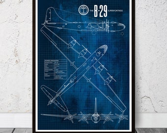 Op de afbeelding: Een blauwdruk-stijl illustratie van een B-29 Superfortress bommenwerper op een blauwe achtergrond. De illustratie bevat technische specificaties van het vliegtuig, waaronder de maximale snelheid, het bereik en het dienstplafond.
