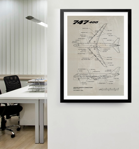 Blueprint Boeing 747-400, Year 2002, Aviation Blueprint Poster