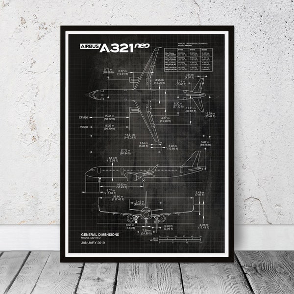 Blueprint Airbus A321 NEO commercial airplane. Dad's birthday gift. Retirement gift. Office wall art.