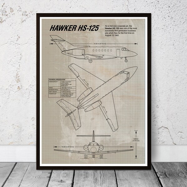 Blueprint Hawker Siddeley HS 125, 1977, Hawker 800 business jet, British Aerospace 125. Airplane poster. Birthday Man-cave Retirement gift.