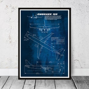 Progetto dell'aereo commerciale Embraer 195. Dimensioni. Idea regalo, regalo di compleanno, regalo per l'home office. Arte da parete per ufficio.