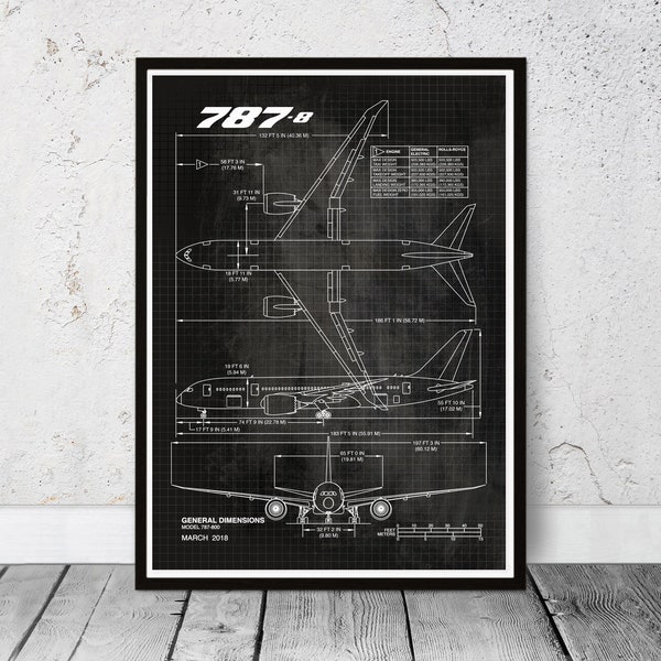 Blueprint Boeing 787-8 poster print. Aviation, Airplane, Aircraft gift. Dad's birthday gift. Retirement gift.