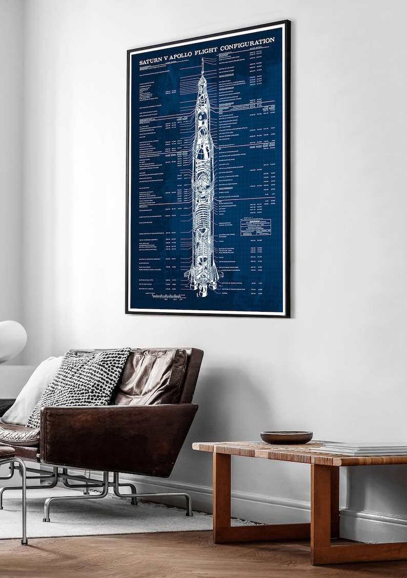 Peut inclure: Un plan d'ensemble de style vintage de la fus&eacute;e Saturn V et du vaisseau spatial Apollo, avec des sp&eacute;cifications techniques d&eacute;taill&eacute;es et des diagrammes. Le plan est imprim&eacute; sur un fond bleu fonc&eacute; avec du texte et des lignes blancs.