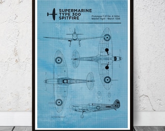 Plan d'un Spitfire de la Seconde Guerre mondiale. Prototype du Supermarine Type 300. Impression numérique. Idée cadeau, cadeau d'anniversaire, cadeau pour le bureau.