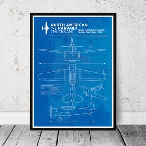 T-6 Harvard, T-6 Texan WW2 airplane blueprint. American Airlines. Pilot maker. Gift idea, birthday gift, home office gift.