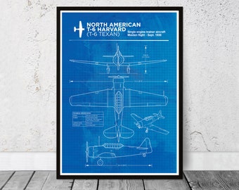 T-6 Harvard, T-6 Texan WW2 airplane blueprint. North American Aviation. Pilot maker. Gift idea, birthday gift, home office gift.