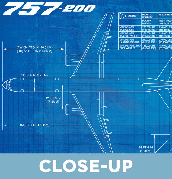 Blueprint Boeing 757 Poster Print. Aircraft, Airplane, Aviation