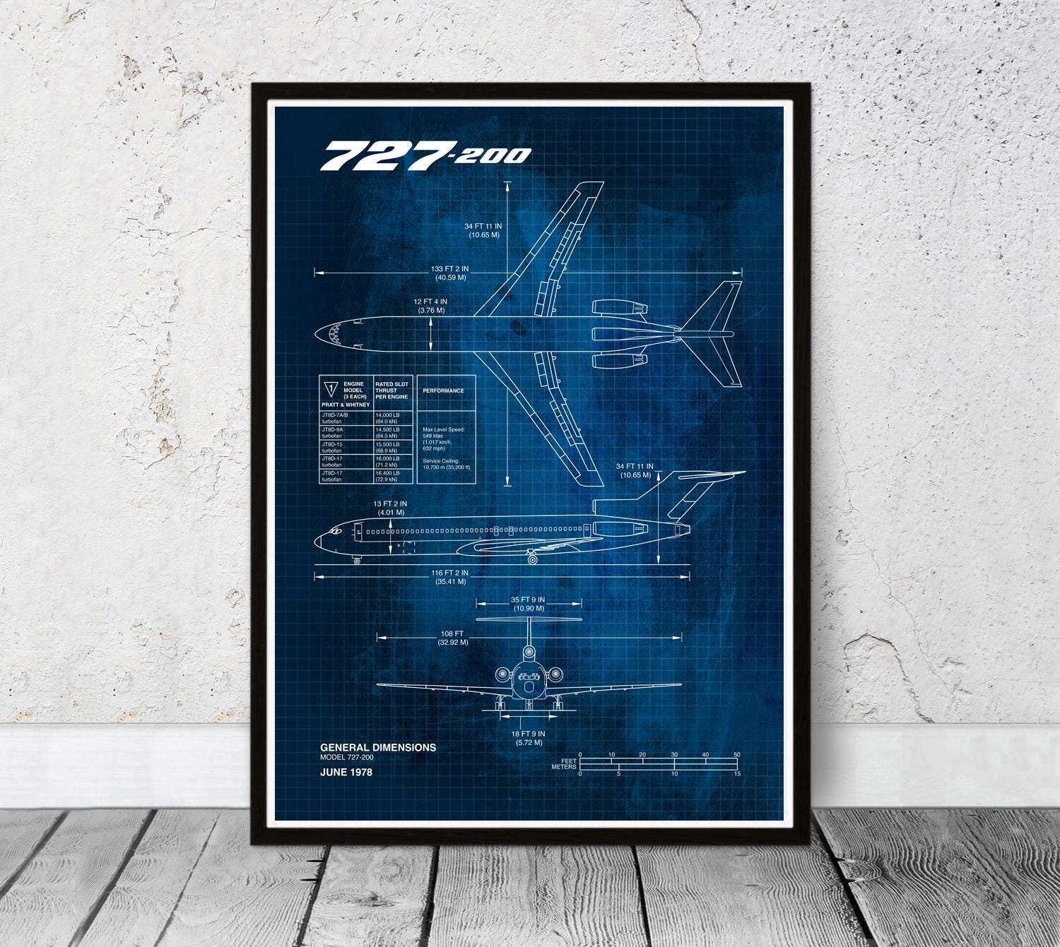 Blueprint B727 Poster Print. Boeing Aviation Poster. Aircraft
