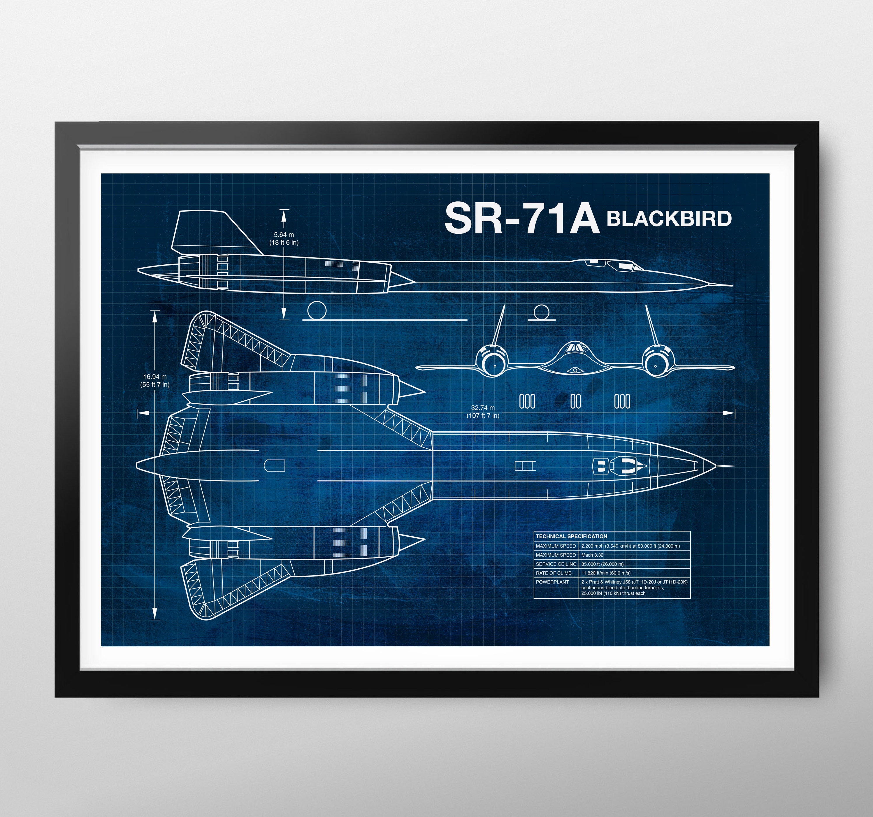 Artery8 Poster Canvas Aereo Spia SR-71 Blackbird Habu – Stampa D'Arte Grande 61x81 Cm, Quadro Con Disegno Tecnico In Blu, Pronto Da Appendere