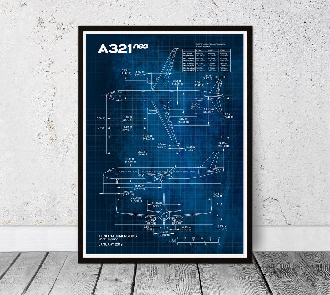Blueprint Airbus A321 NEO Commercial Airplane. Dad's Birthday Gift