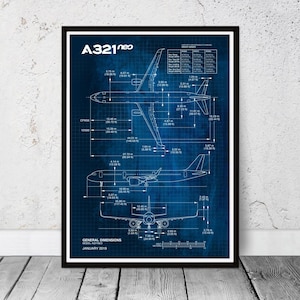 Blueprint Airbus A321 NEO commercial airplane. Dad&#39;s birthday gift. Retirement gift. Office wall art.