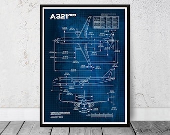 Plan d'un avion commercial Airbus A321 NEO. Cadeau d'anniversaire pour papa. Cadeau de départ à la retraite. Décoration murale pour bureau.