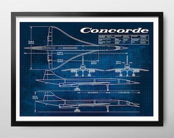 Plan du Concorde (affiche). Avion de ligne supersonique. Dimensions de l'appareil. Idée cadeau, cadeau d'anniversaire, cadeau pour le bureau.
