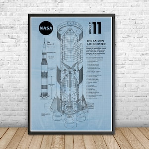 Blueprint NASA Apollo 11 Saturn V Blueprint, Digital print of 1964 S-IC Booster. Gift idea, birthday gift, home office gift, science gift.