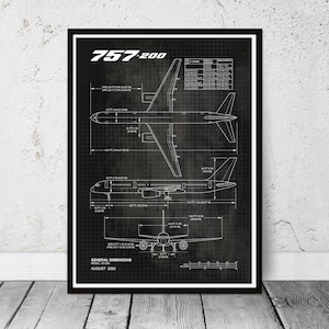 Blueprint Boeing 757 poster print. Aircraft, airplane, aviation. Airplane present gift. Dad&#39;s birthday gift. Retirement gift.