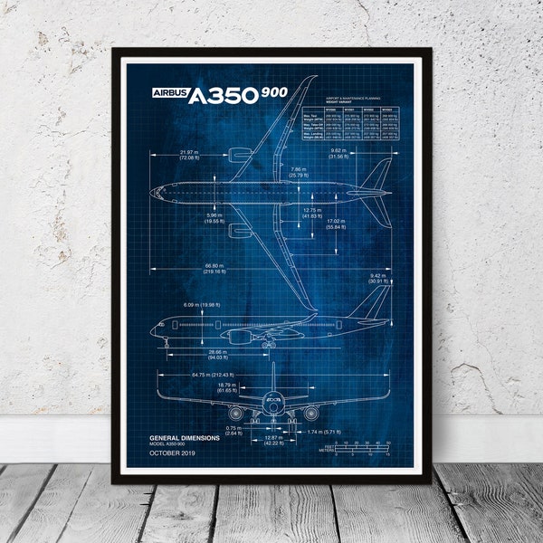 Blueprint Airbus A350 commercial airplane. Dad's birthday gift. Retirement gift. Office wall art.