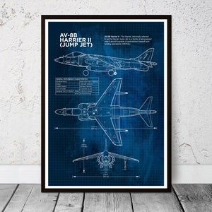 Plakat Blueprint Harrier Jump Jet, samolot szturmowy z lat 1967-2003, Hawker Siddeley, pomysł na prezent, prezent urodzinowy, plakat lotniczy