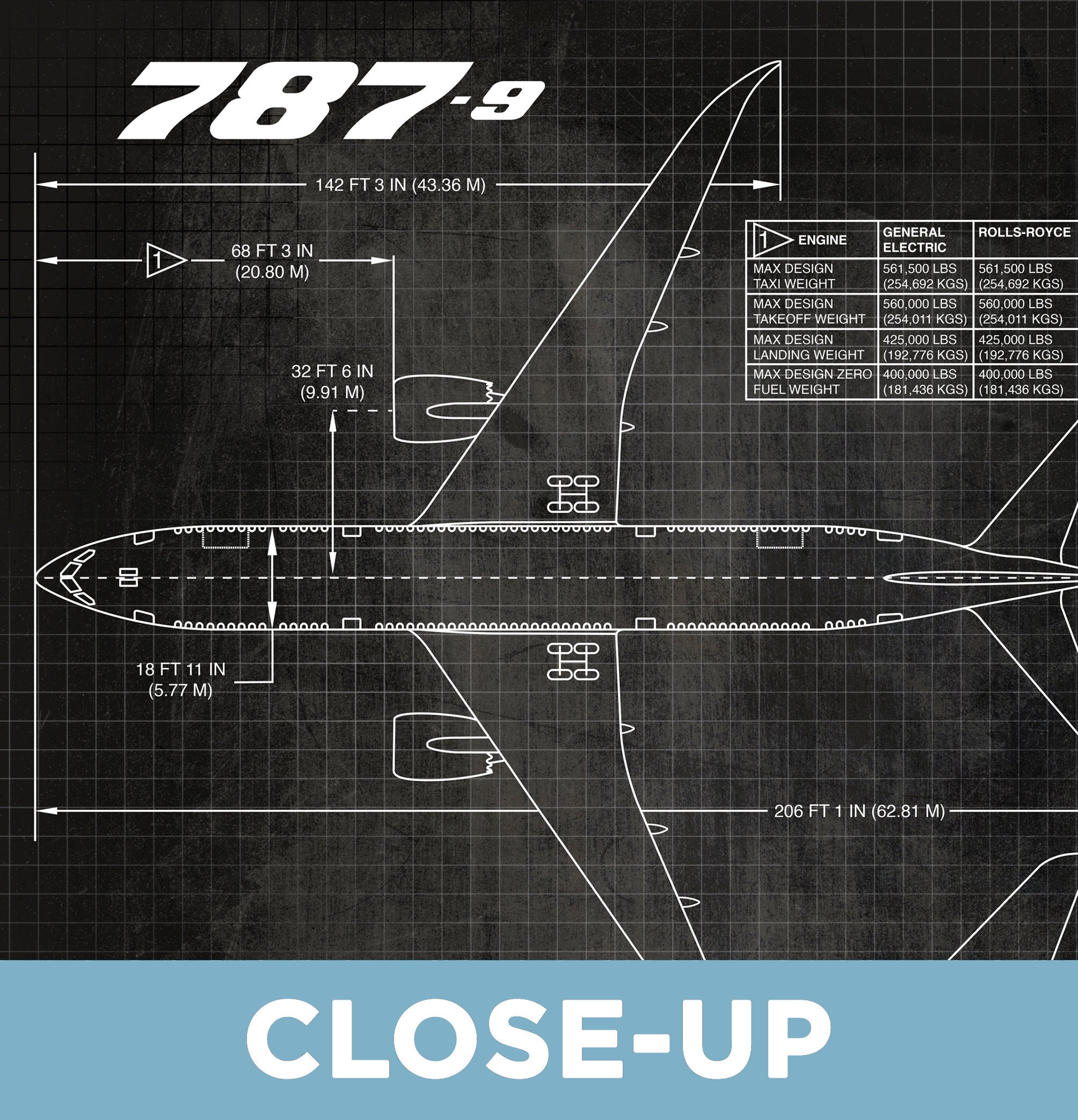 Blueprint Boeing 787-9 Poster Print. Aviation, Airplane, Aircraft