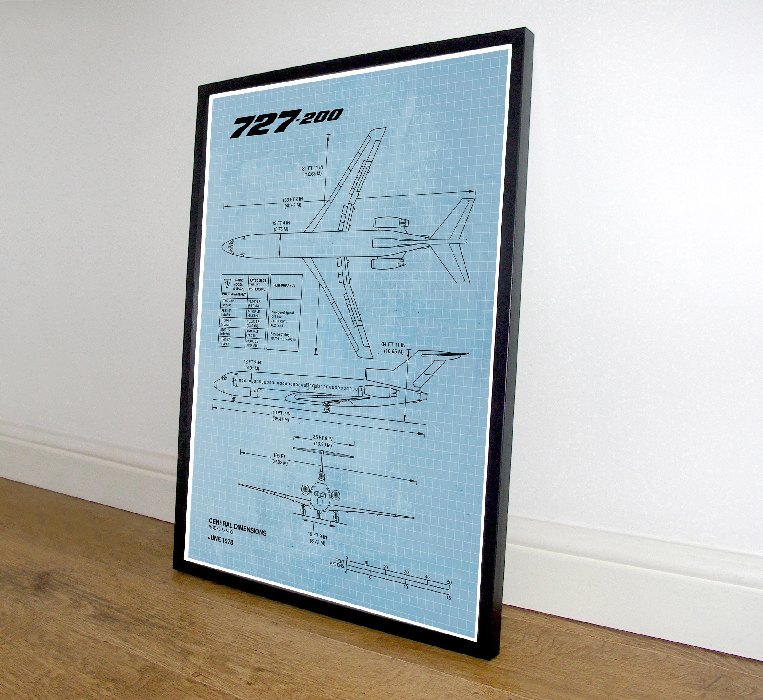 Blueprint B727 poster print. Boeing Aviation poster. Aircraft