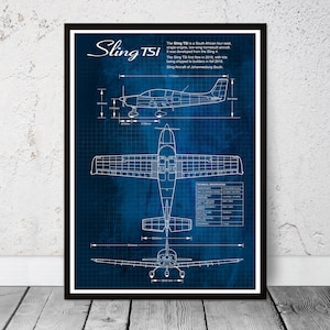 May include: A blueprint style illustration of a Sling TSi aircraft on a dark blue background. The illustration includes technical specifications for the aircraft. The Sling TSi is a South African four-seat single-engine, low-wing homebuilt aircraft.