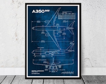 May include: A blueprint style illustration of an Airbus A350-900 aircraft on a blue background. The illustration includes the aircraft's dimensions in meters and feet. The text "A350 900" is at the top of the image. The text "GENERAL DIMENSIONS MODEL: A350-900 OCTOBER 2019" is at the bottom of the image.
