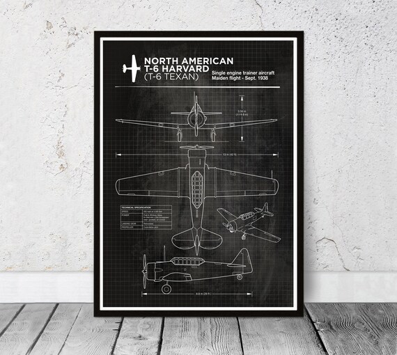 T-6 Harvard, T-6 Texan WW2 Airplane Blueprint. North American