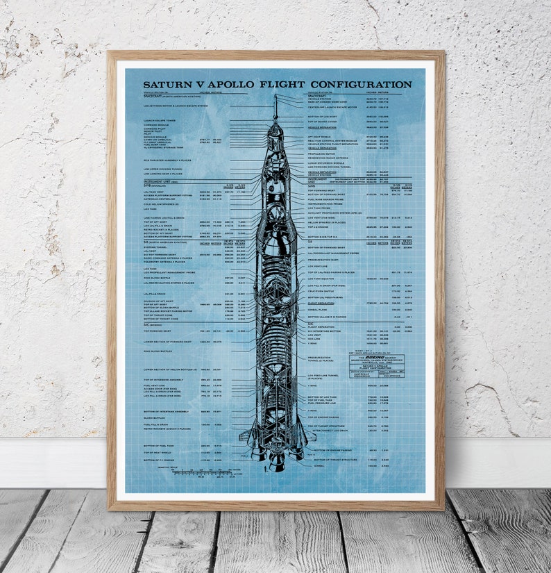 Peut inclure: Un sch&eacute;ma de type plan d'un lanceur spatial Saturn V Apollo avec des sp&eacute;cifications et des mesures d&eacute;taill&eacute;es. La fus&eacute;e est repr&eacute;sent&eacute;e en noir et blanc sur un fond de grille bleue. Le texte "SATURN V APOLLO FLIGHT CONFIGURATION" est en haut du sch&eacute;ma.