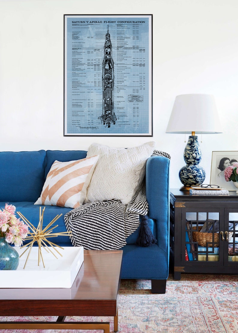 Peut inclure: Un canap&eacute; bleu avec des coussins blancs et bruns et une couverture ray&eacute;e noir et blanc. Une lampe de style vintage avec un abat-jour blanc et une base &agrave; motifs bleus et blancs repose sur une table d'appoint noire. Un poster encadr&eacute; d'une fus&eacute;e Saturn V avec le texte "Saturn V Apollo Flight Configuration" est accroch&eacute; au mur.