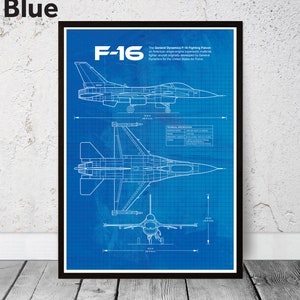 Blueprint F-16 Fighter Aircraft, Combat Aircraft dimensions. Gift idea, birthday gift, home office gift.