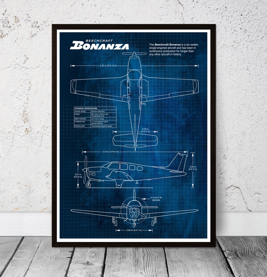 Blueprint Beechcraft Bonanza Poster, American Aviation Aircraft, 1947 ...