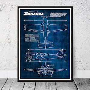 Blueprint Beechcraft Bonanza poster, American aviation aircraft, 1947, Wichita, Kansas. Birthday Mancave Retirement gift.