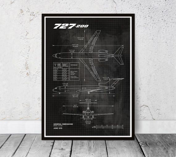 Blueprint B727 Poster Print. Boeing Aviation Poster. Aircraft