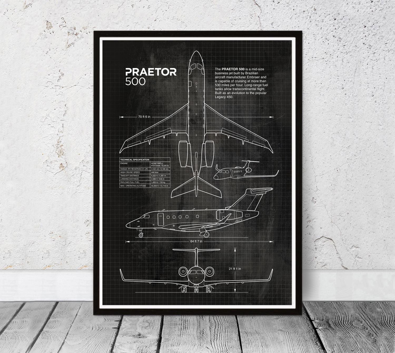 Praetor 500 Business Aircraft Blueprint, Embraer, Airplane Poster