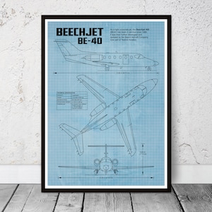 Blueprint Beechjet BE-40, Beechjet 400, Hawker 400, zakenjet, Mitsubishi, Beech Aircraft, vliegtuigposter. Cadeau-idee, cadeau voor thuiskantoor.