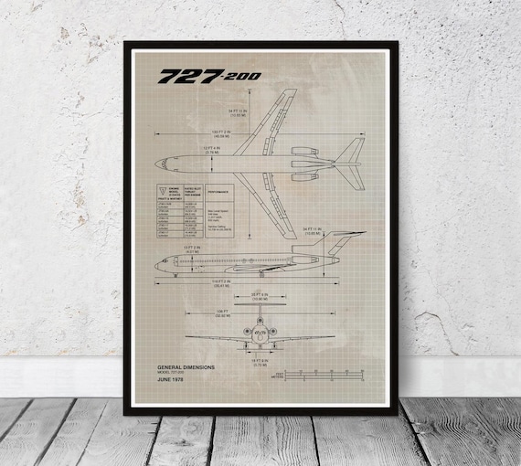 Blueprint B727 Poster Print. Boeing Aviation Poster. Aircraft