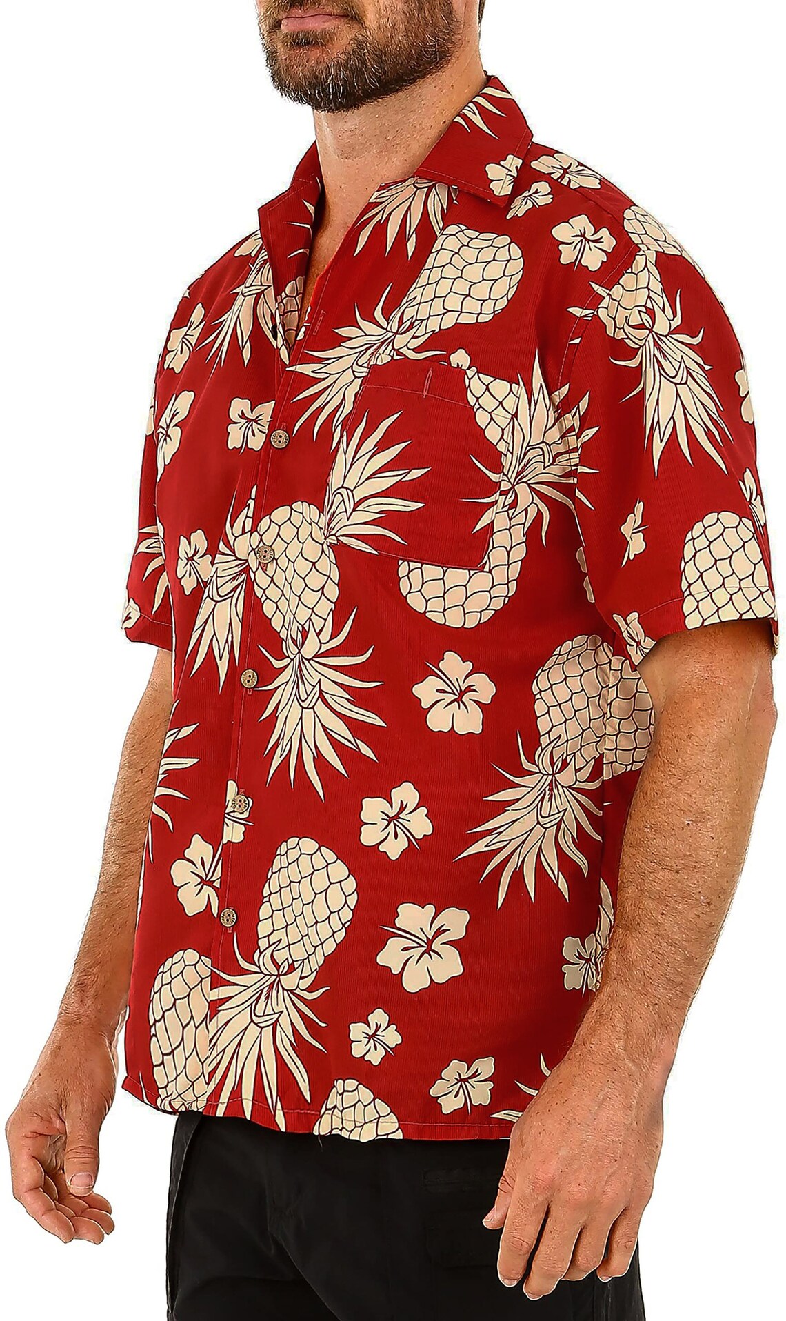 Men's Red Button Down Hawaiian Shirt With Beige Pineapple Etsy
