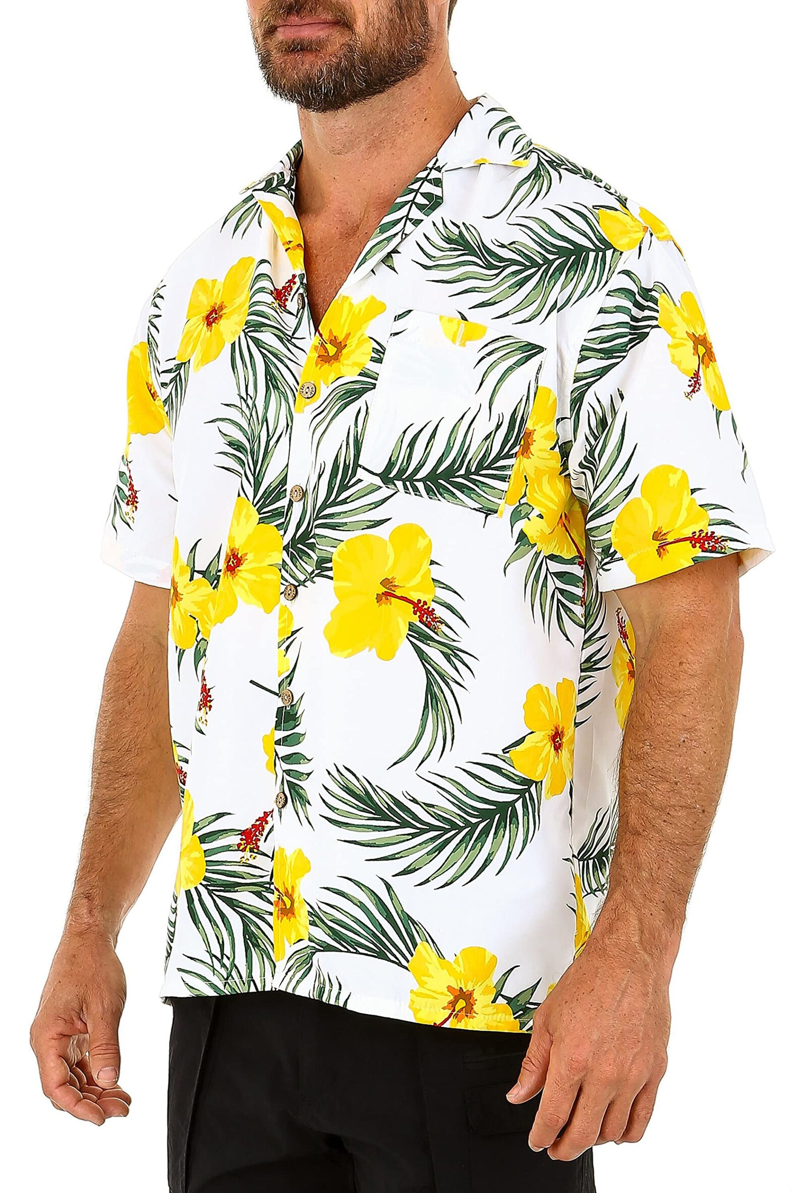 Men's White Button Down Hawaiian Shirt with Yellow Flower | Etsy