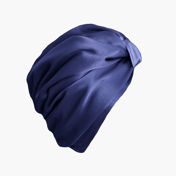 Turban 100 % Soie Double Doublure - Bleu Nuit, Maintient les Cheveux Lisses, Prévient les Frictions, les Cassures et la Chute des Cheveux, Régulateur de Température Naturel