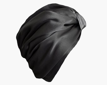 Genuine 100% Mulberry Silk Turban - Black / Both Sides Smooth, Luxurious Silk / Premium Quality / Hair Care and Protection