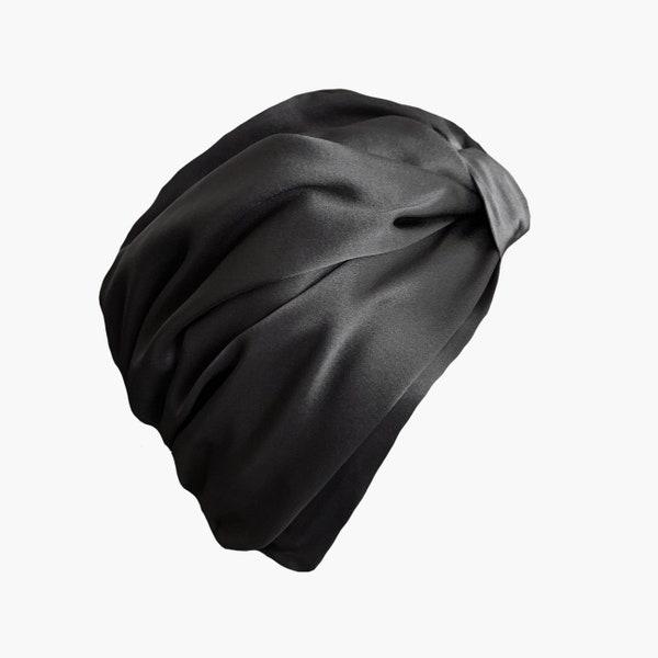 Véritable turban en soie 100% mûrier - noir / les deux côtés lisse, soie luxueuse / qualité supérieure / soins et protection des cheveux