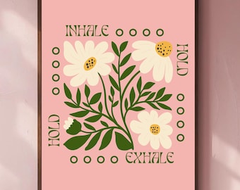 Box Breathing Poster Floral | Anxiety Relief Tool | Therapist Office Decor | Mental Health Printable | Daisy Wall Art | Yoga Studio Artwork