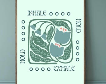 Box Breathing Poster Floral | Anxiety Relief Tool | Therapist Office Decor | Mental Health Printable | Teal Wall Art | Yoga Studio Artwork