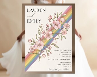 Floral LGBTQ+ Wedding Invitation: Watercolor Rainbow, Digital Download, Canva Template